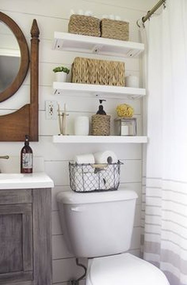 Floating shelves in bathroom